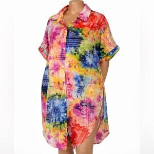 Paper + Tee Tie Dye Paisley Tunic Shirt Dress 2X Multicolor Button Front